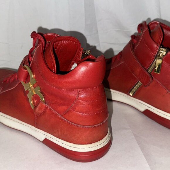 Size: 9.5 Salvatore Ferragamo Nayon High Top Men’s Sneaker Red Rosso Calf ITALY - Picture 4 of 10